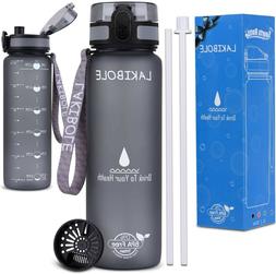 32 oz Straw Water Bottle BPA Free with Time Marker, Gym Wate