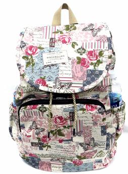 Lady's Large Canvas Backpack Water Bottle Holder Casual Trav