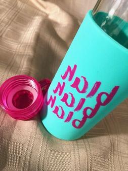 "Blah Blah Blah" quote glass water bottle with teal silicone