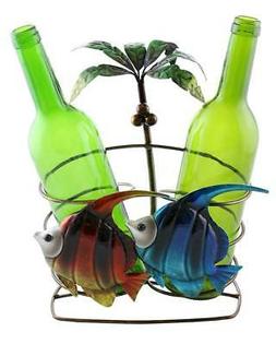  Wine Holder for 2 Bottles, Palm Tree, Red and Blue Fishes, 