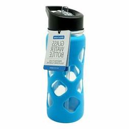 Drinkmate Glass Water Bottle w/ Blue Sleeve & Flip Lid Straw