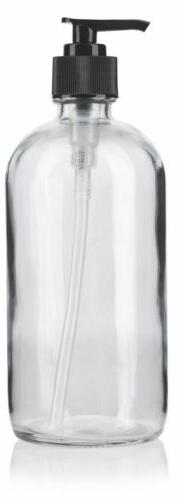16 oz Clear Boston Round Glass Bottle with Black Lotion Pump