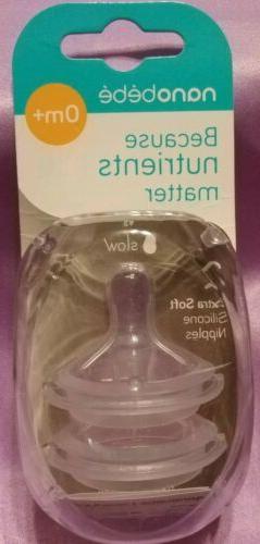 Nanobebe 2Pk Silicone Bottle Nipples- Slow 0M+ Extra Soft