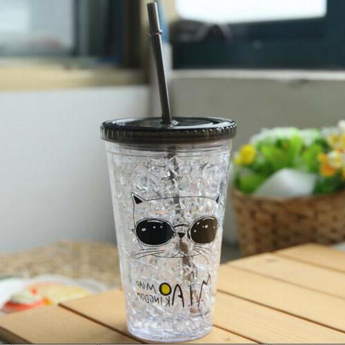Water Bottle, Double Wall Tumbler with Straw Coffee Cup with