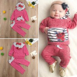 Newborn Baby Girl Hooded Floral Striped Tops Pants Leggings 