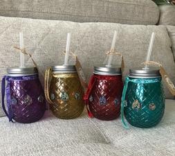 Pineapple Shaped Mason Jar Glass with Straw by AyonnaDesigns