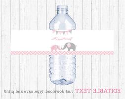 Pink Chevron Elephant Water Bottle Labels Printable Editable