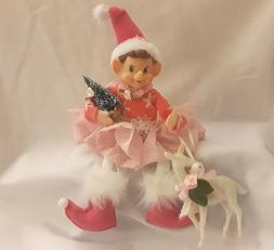 PINK CHRISTMAS ELF GIRL Bottle Brush Tree Reindeer SHABBY CH