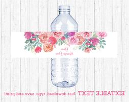 Pink Watercolor Flowers Water Bottle Labels Printable Editab