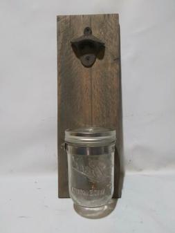 Reclaimed Wood Wall Mounted Bottle Opener With Mason Jar Bot