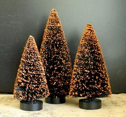 Tall 7, 6, 5 Inch Black Bottle Brush Trees Orange Glitter Ha