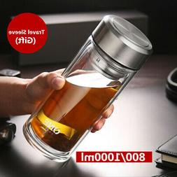 US 1000ML Glass Water Bottle Double Walled Travel Office Mug
