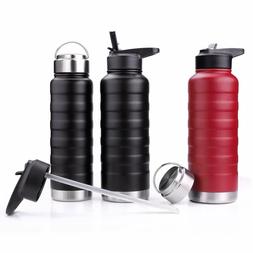 REYLEO Water Bottle with Straw Lid- 24 Oz Black, 2 Lids, 18/