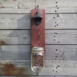 Handmade Wooden Bottle Opener with Mason Jar Bottle Cap Catc
